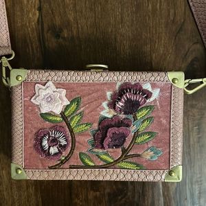 Sam Edelman Box Pink Embroidered Box Purse with Snake Skin Accents and Strap